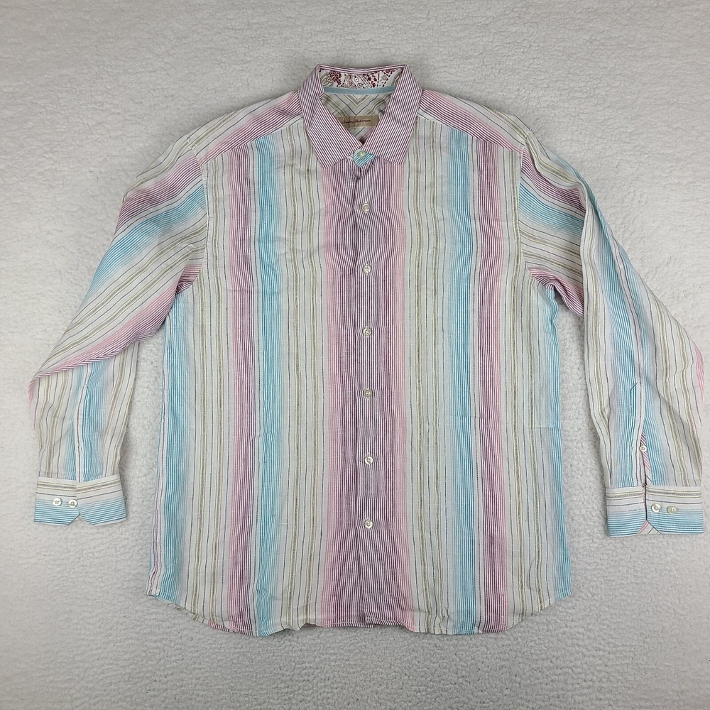 Tommy Bahama Shirt Mens Large Purple Blue Striped 100%β Linen Dress Button Down